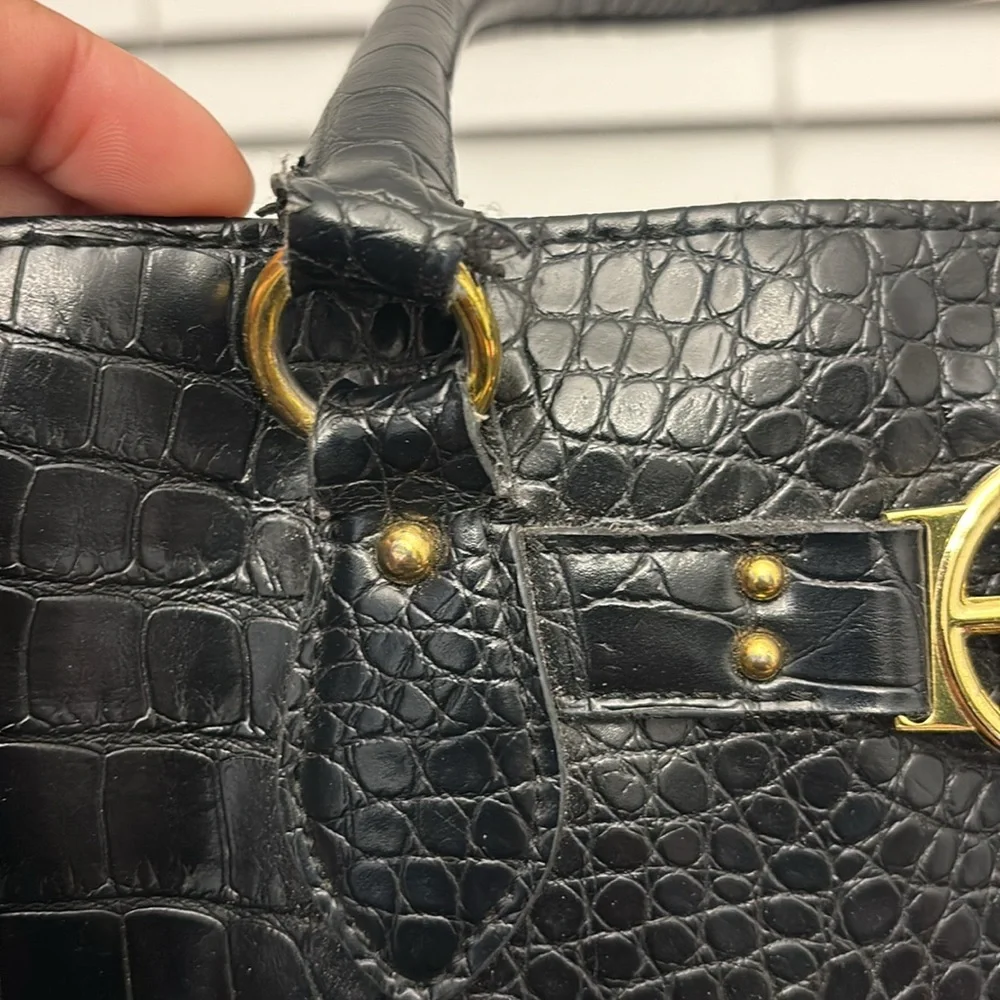 Tommy Hilfiger Black Crocodile-Embossed Open Tote Bag Gold Hardware - Picture 8 of 10